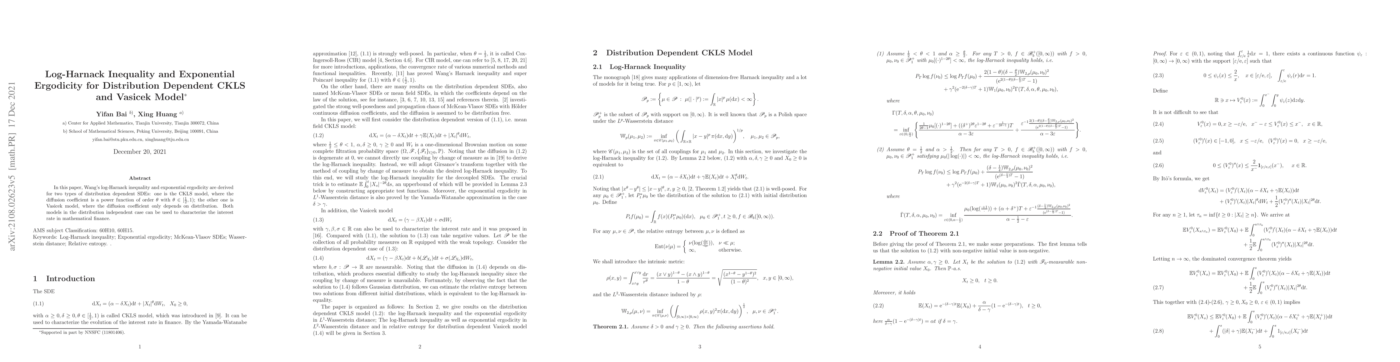 Thumbnail for Log-Harnack Inequality and Exponential Ergodicity for Distribution
  Dependent CKLS and Vasicek Model