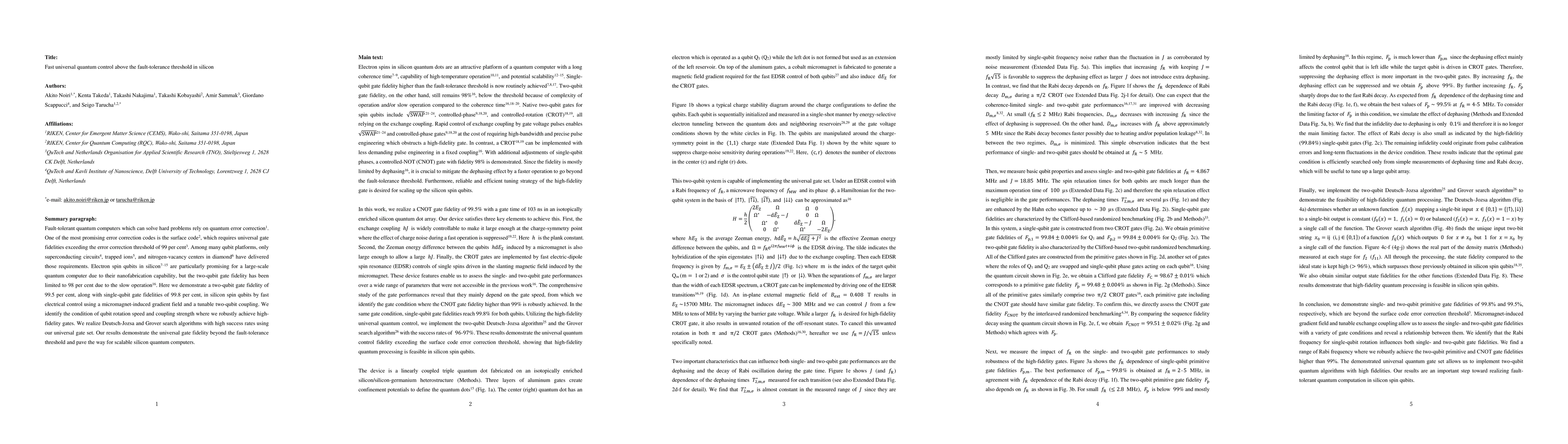 Thumbnail for Fast universal quantum control above the fault-tolerance threshold in
  silicon
