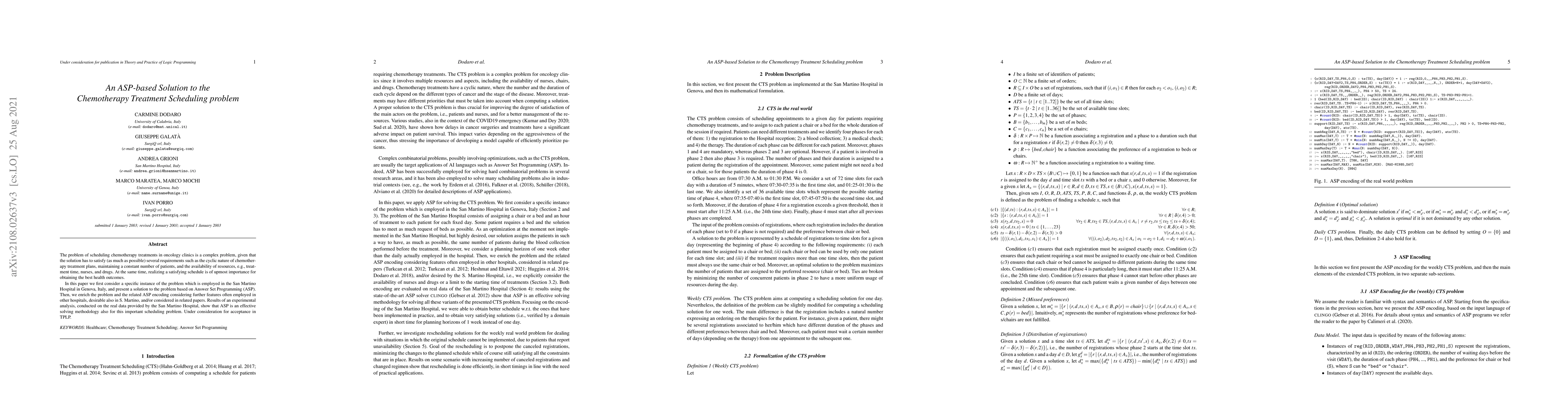 Thumbnail for An ASP-based Solution to the Chemotherapy Treatment Scheduling problem