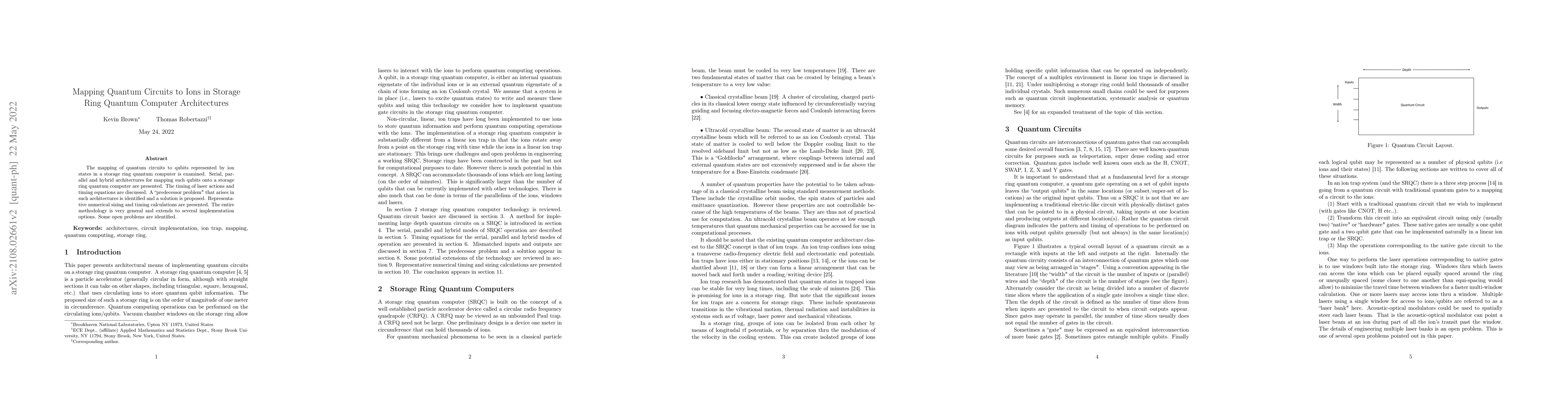 Thumbnail for Mapping Quantum Circuits to Ions in Storage Ring Quantum Computer
  Architectures