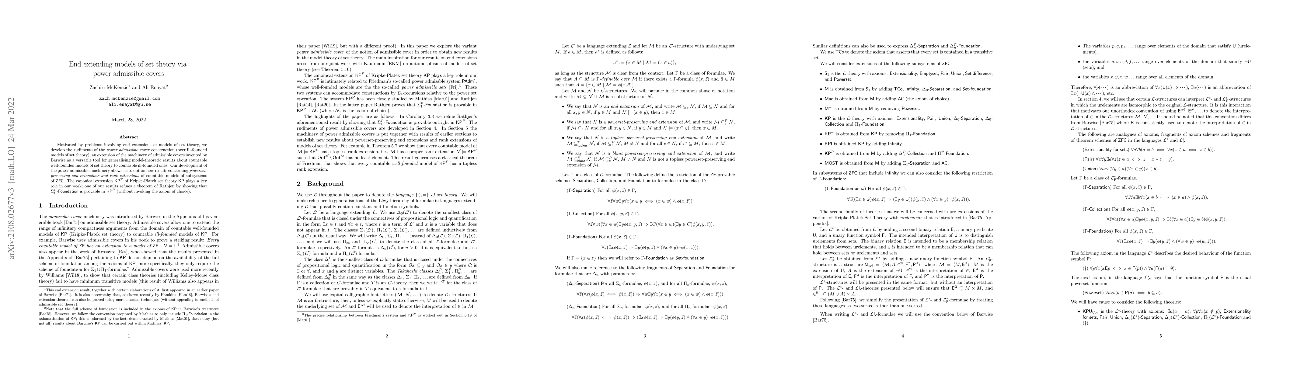 Thumbnail for End extending models of set theory via power admissible covers