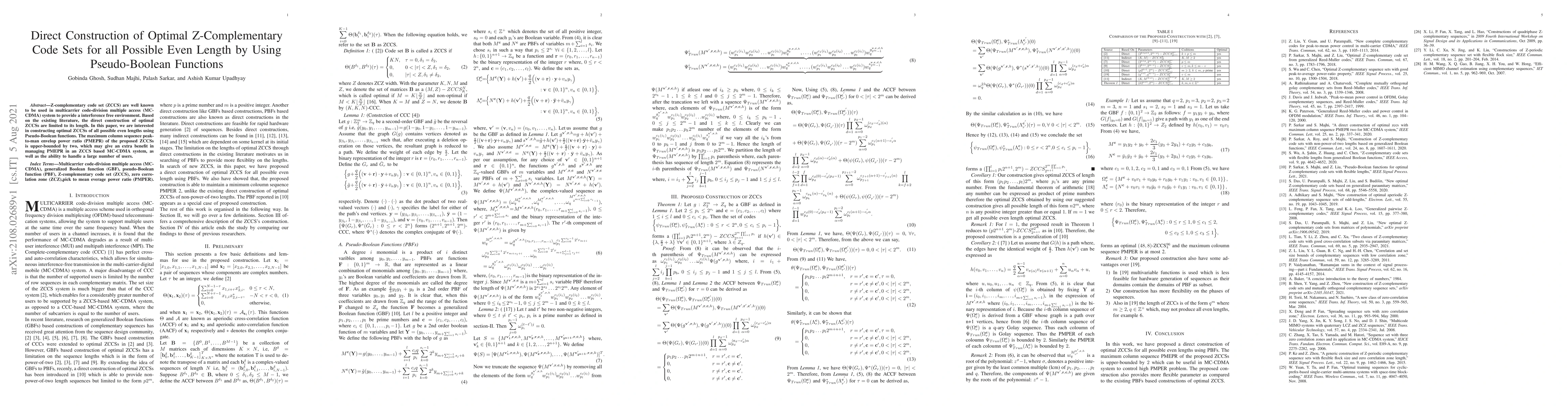 Thumbnail for Direct Construction of Optimal Z-Complementary Code Sets for all
  Possible Even Length by Using Pseudo-Boolean Functions