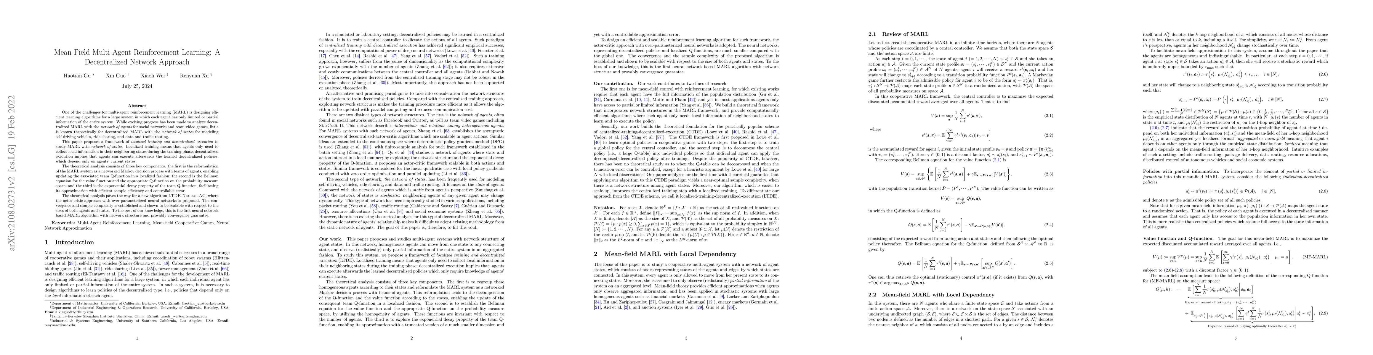 Thumbnail for Mean-Field Multi-Agent Reinforcement Learning: A Decentralized Network
  Approach
