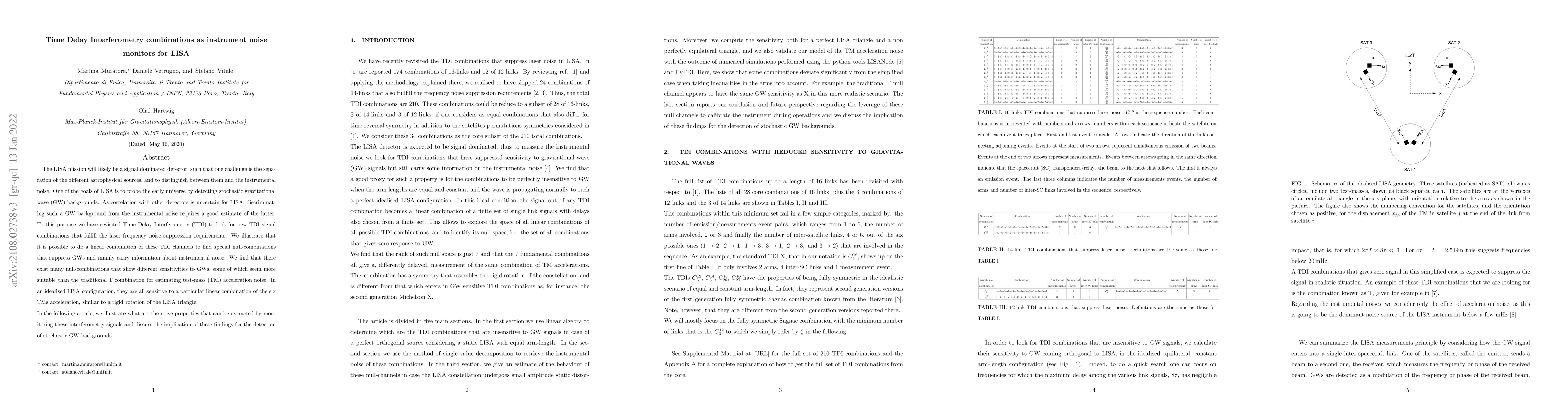 Thumbnail for Time Delay Interferometry combinations as instrument noise monitors for
  LISA