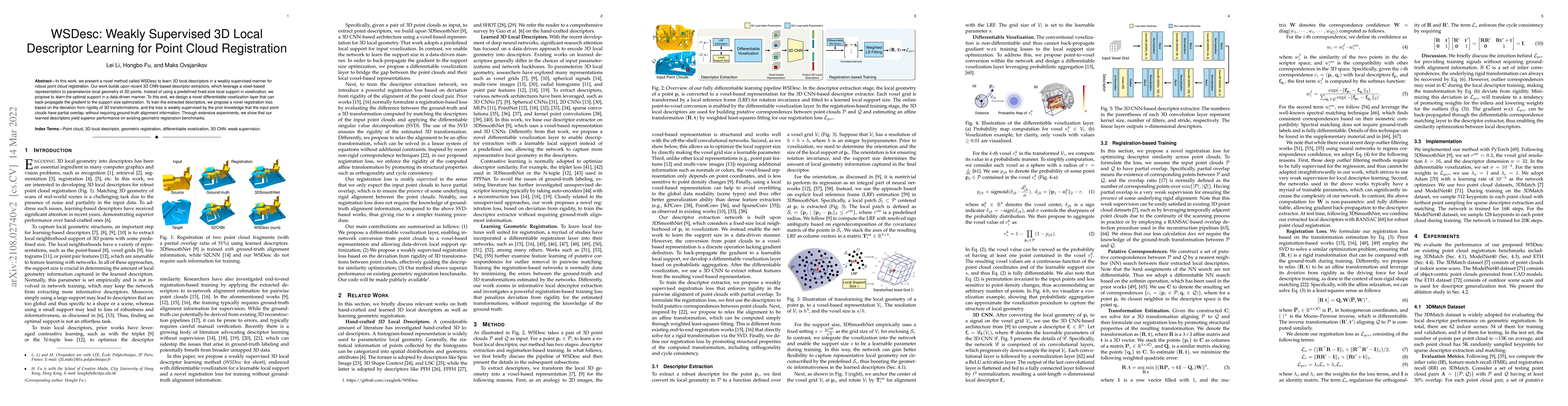 Thumbnail for WSDesc: Weakly Supervised 3D Local Descriptor Learning for Point Cloud
  Registration