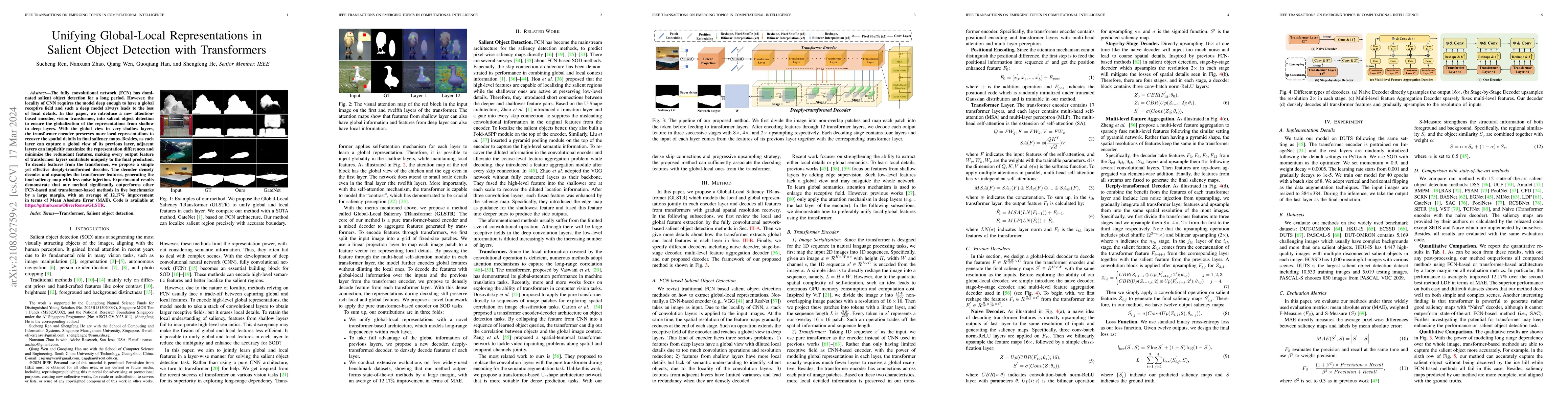 Thumbnail for Unifying Global-Local Representations in Salient Object Detection with
  Transformer