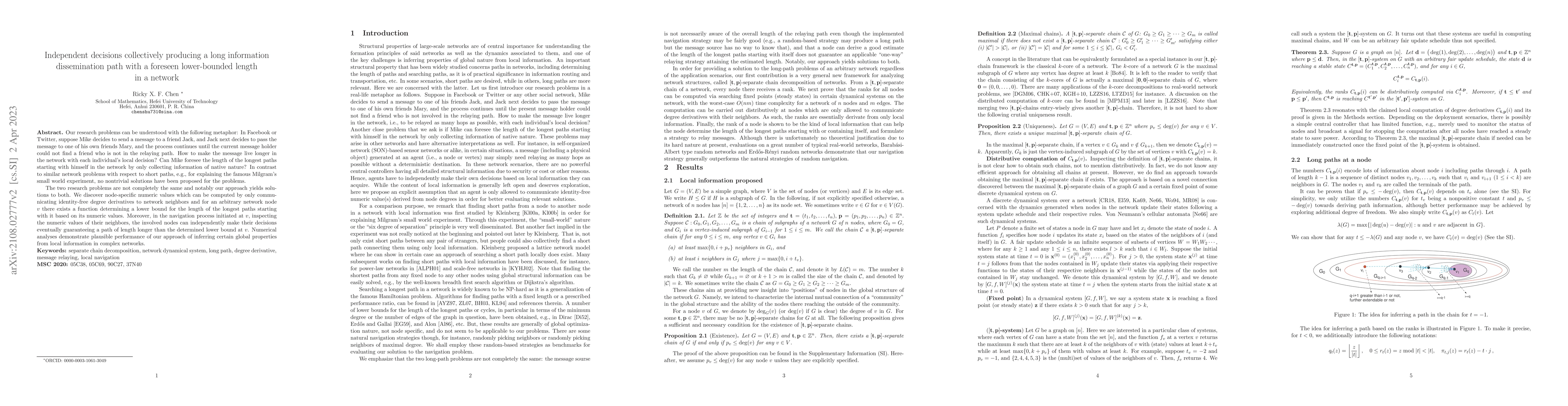 Thumbnail for Independent decisions collectively producing a long information
  dissemination path with a foreseen lower-bounded length in a network