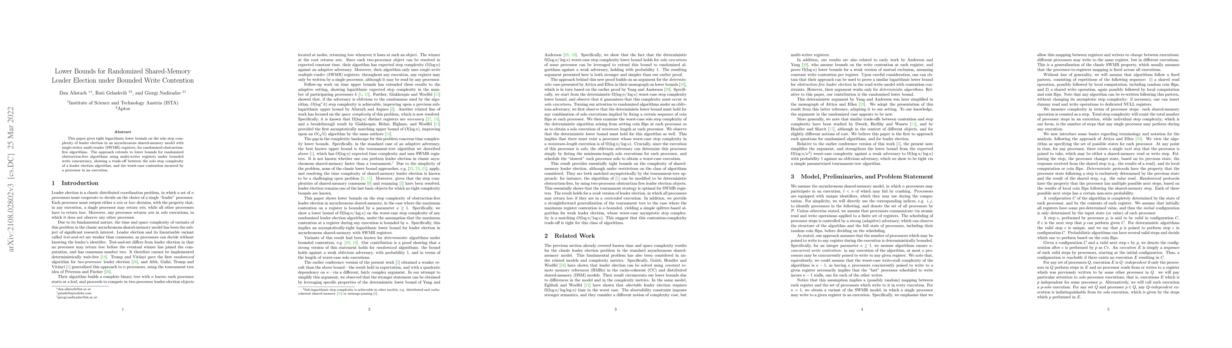 Thumbnail for Lower Bounds for Shared-Memory Leader Election under Bounded Write
  Contention