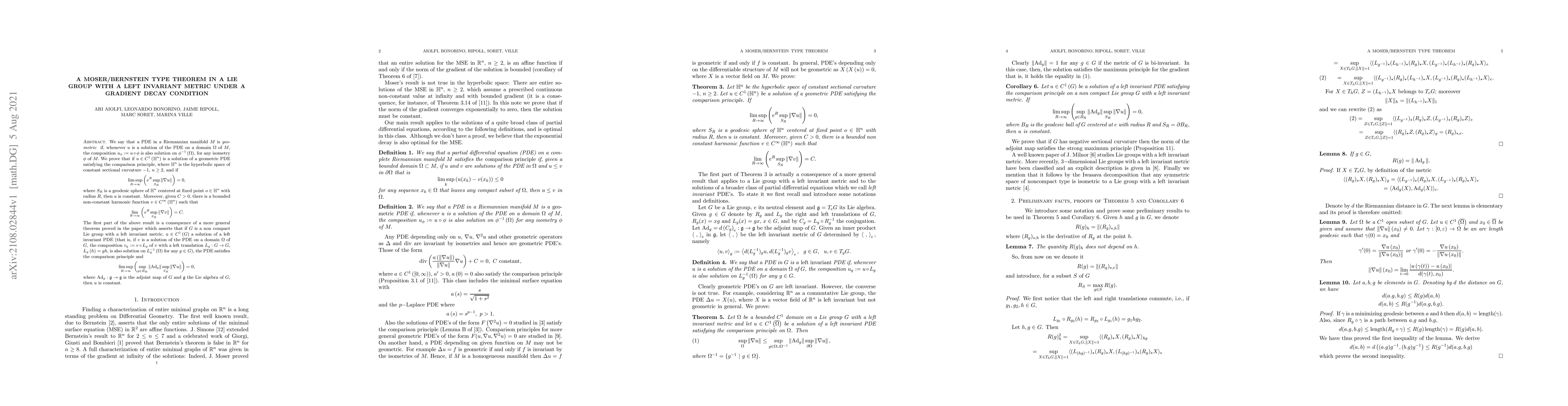Thumbnail for A Moser/Bernstein type theorem in a Lie group with a left invariant
  metric under a gradient decay condition