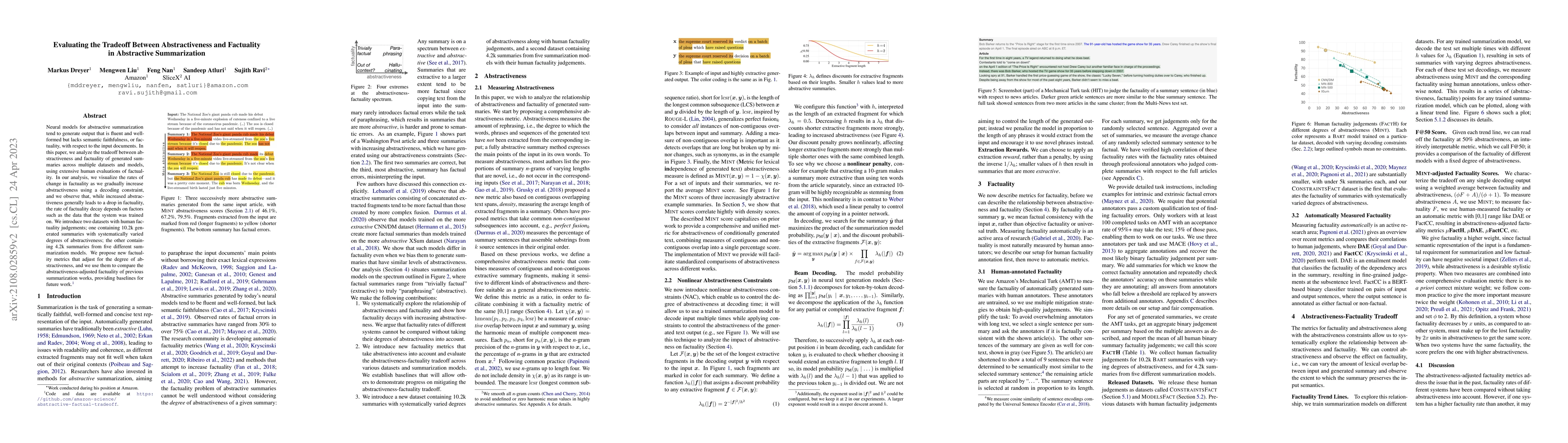 Thumbnail for Evaluating the Tradeoff Between Abstractiveness and Factuality in
  Abstractive Summarization