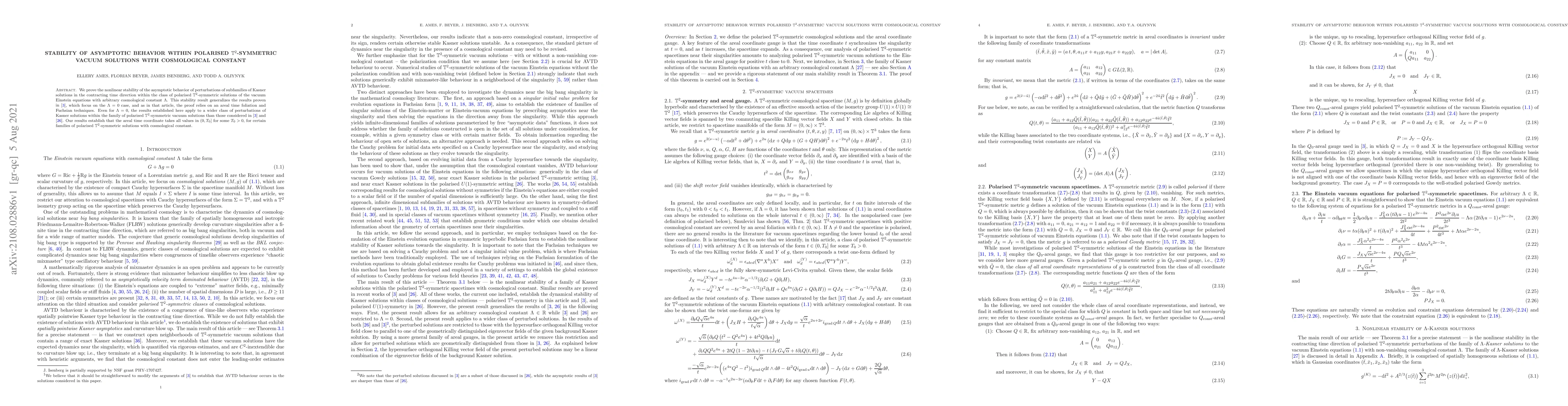 Thumbnail for Stability of Asymptotic Behavior Within Polarised $T^2$-Symmetric Vacuum
  Solutions with Cosmological Constant