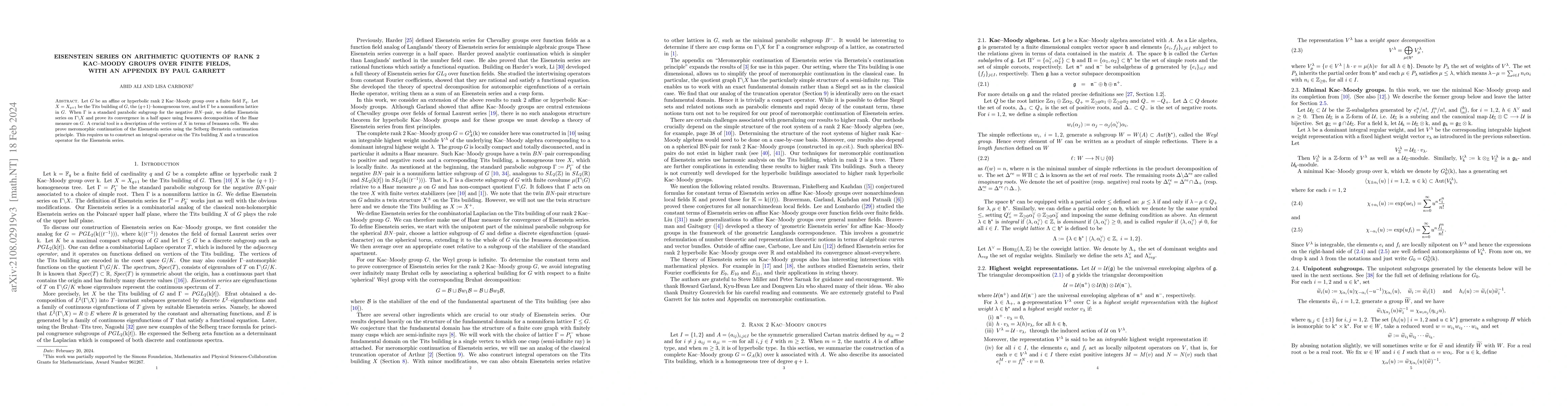 Thumbnail for Eisenstein series on arithmetic quotients of rank 2 Kac--Moody groups
  over finite fields, with an appendix by Paul Garrett