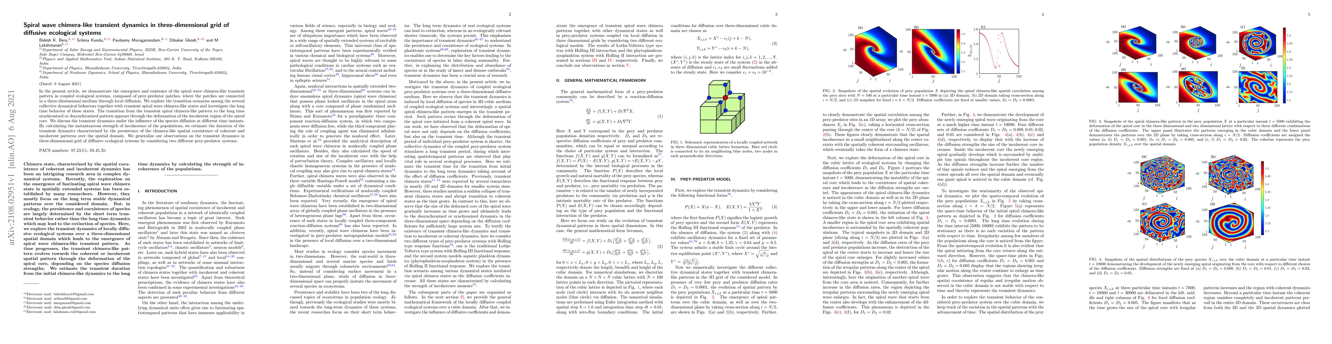 Thumbnail for Spiral wave chimera-like transient dynamics in three-dimensional grid of
  diffusive ecological systems