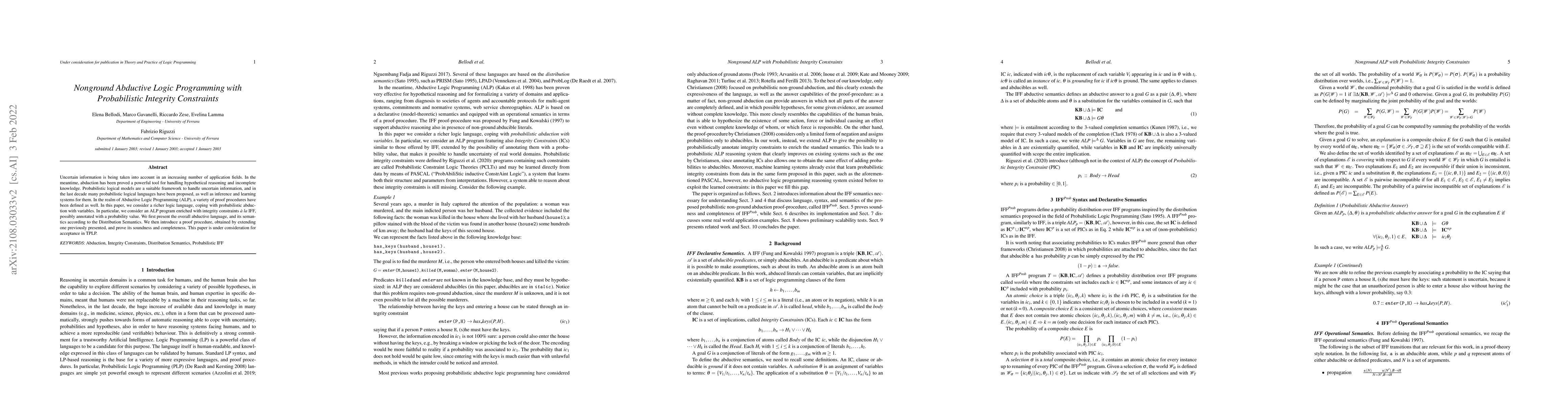 Thumbnail for Nonground Abductive Logic Programming with Probabilistic Integrity
  Constraints