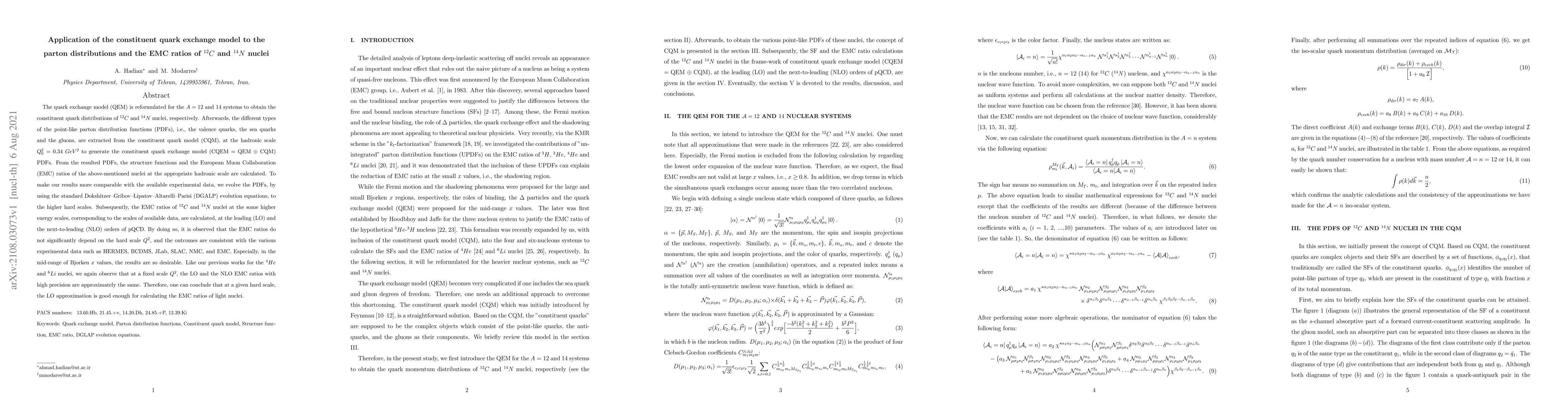 Thumbnail for Application of the constituent quark exchange model to the parton
  distributions and the EMC ratios of $^{12}C$ and $^{14}N$ nuclei