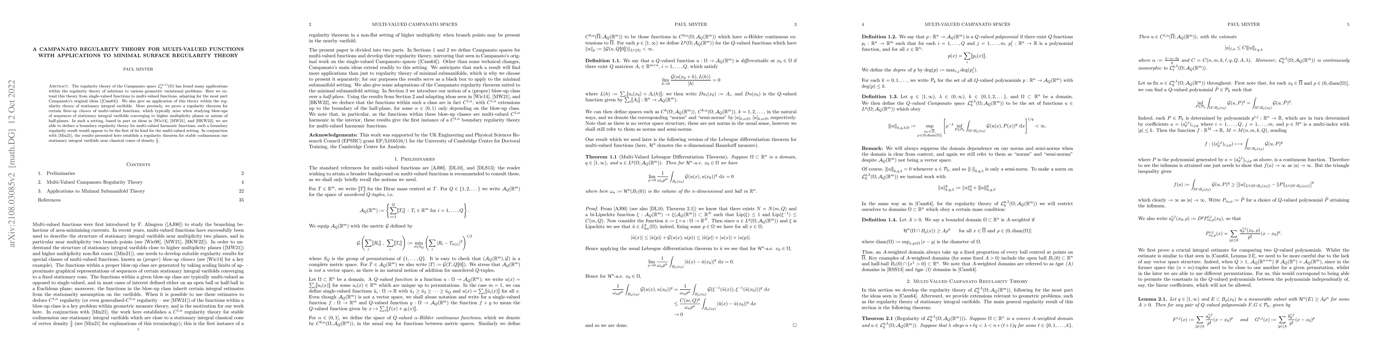 Thumbnail for A Campanato Regularity Theory for Multi-Valued Functions with
  Applications to Minimal Surface Regularity Theory