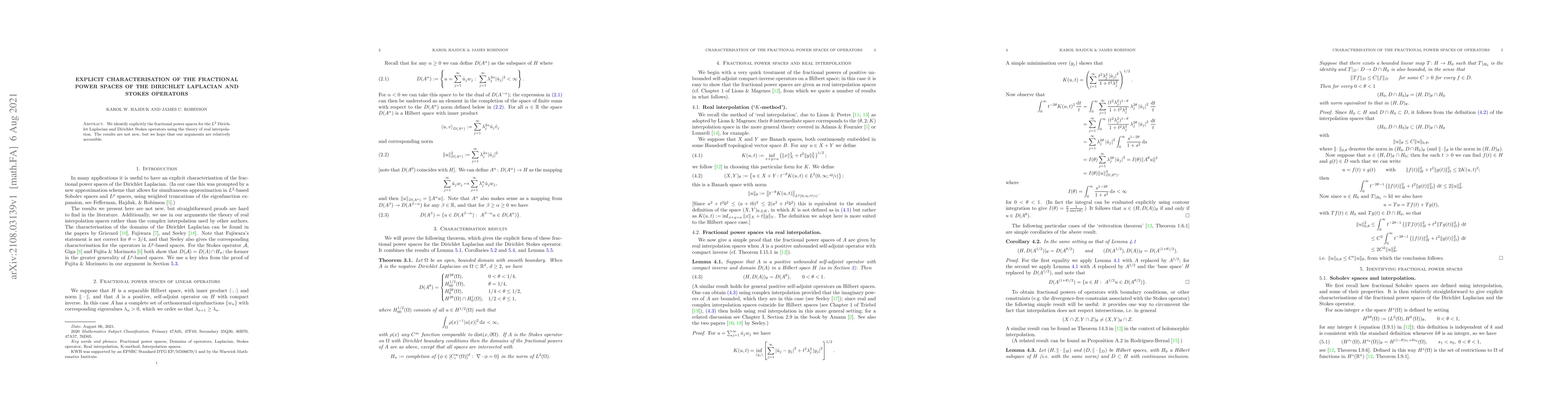 Thumbnail for Explicit characterisation of the fractional power spaces of the
  Dirichlet Laplacian and Stokes operators