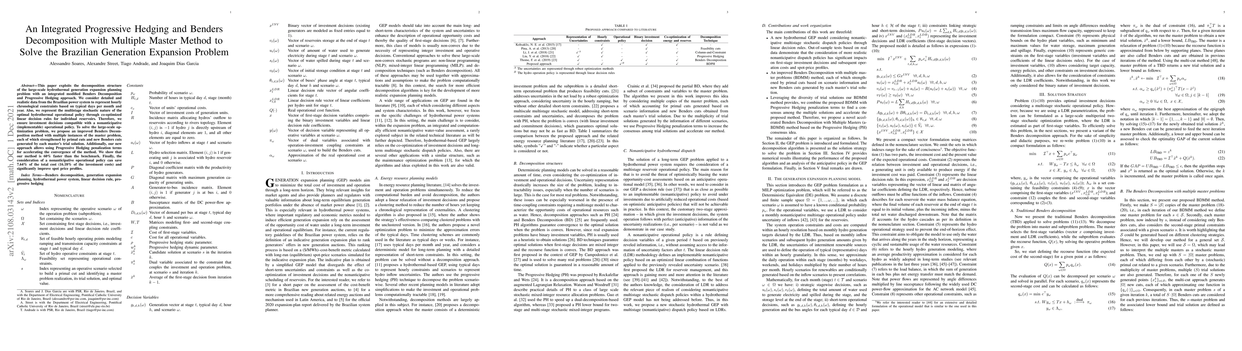 Thumbnail for An Integrated Progressive Hedging and Benders Decomposition with
  Multiple Master Method to Solve the Brazilian Generation Expansion Problem