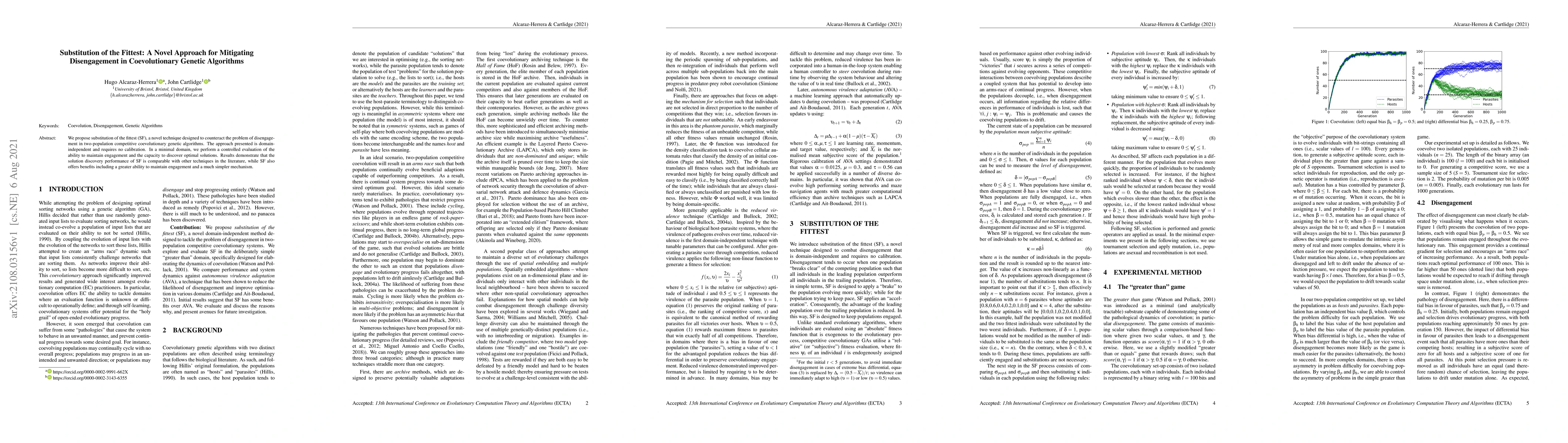 Thumbnail for Substitution of the Fittest: A Novel Approach for Mitigating
  Disengagement in Coevolutionary Genetic Algorithms