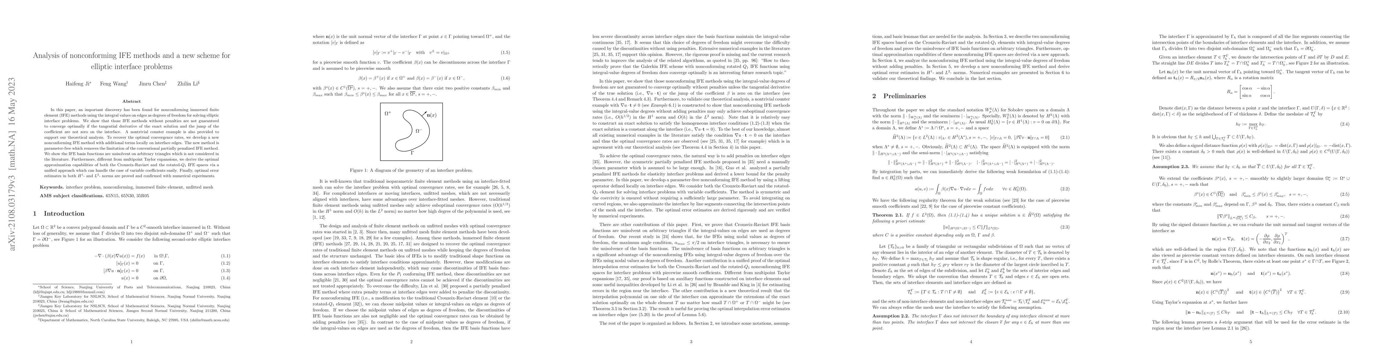 Thumbnail for Analysis of nonconforming IFE methods and a new scheme for elliptic
  interface problems