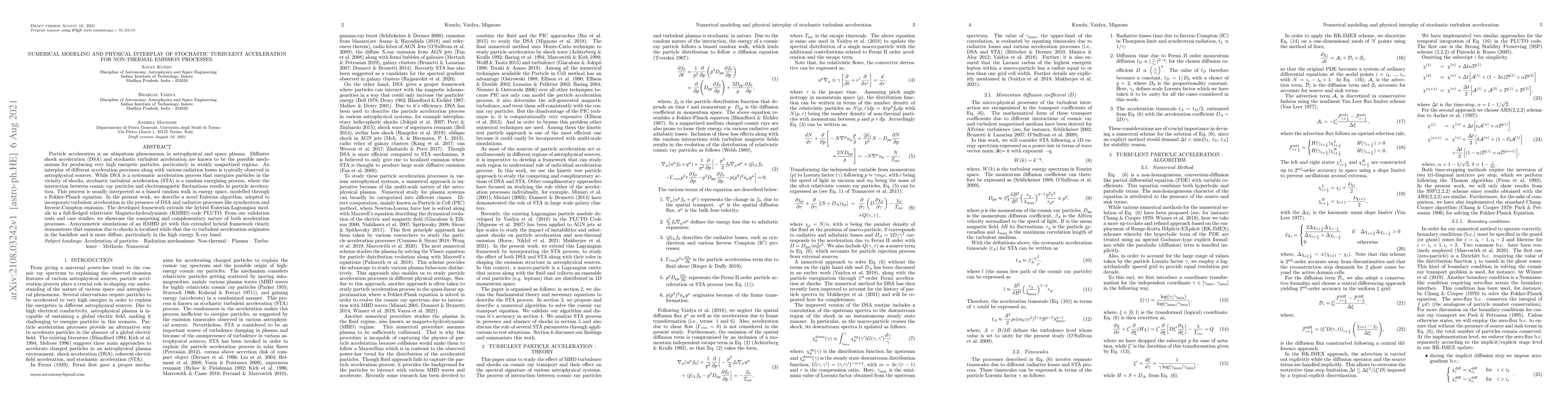 Thumbnail for Numerical modeling and physical interplay of stochastic turbulent
  acceleration for non-thermal emission processes