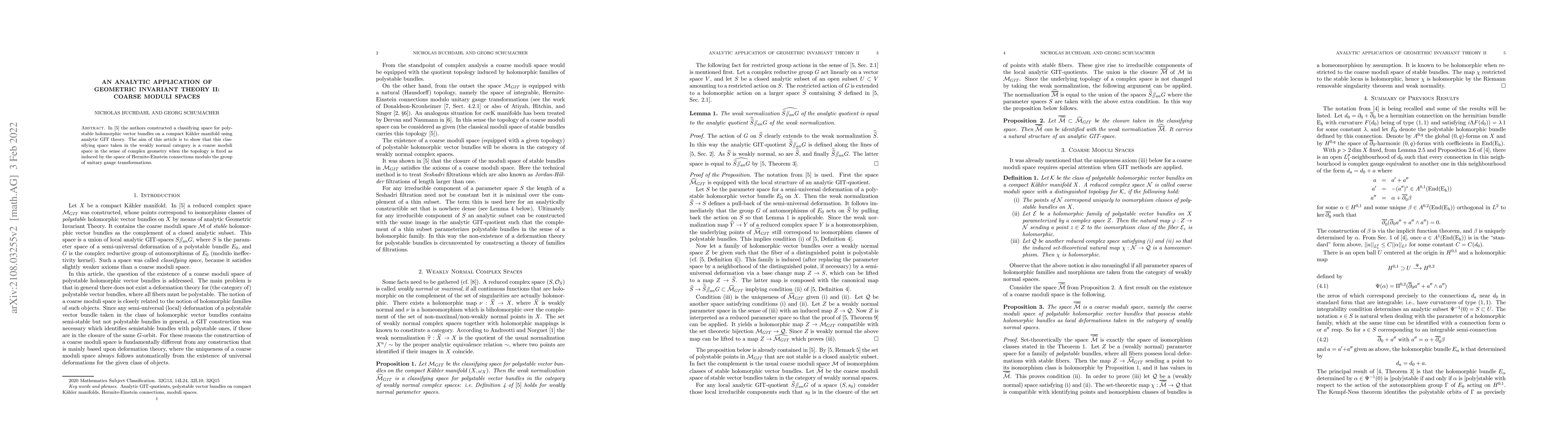 Thumbnail for An Analytic Application of Geometric Invariant Theory II: Coarse Moduli
  Spaces
