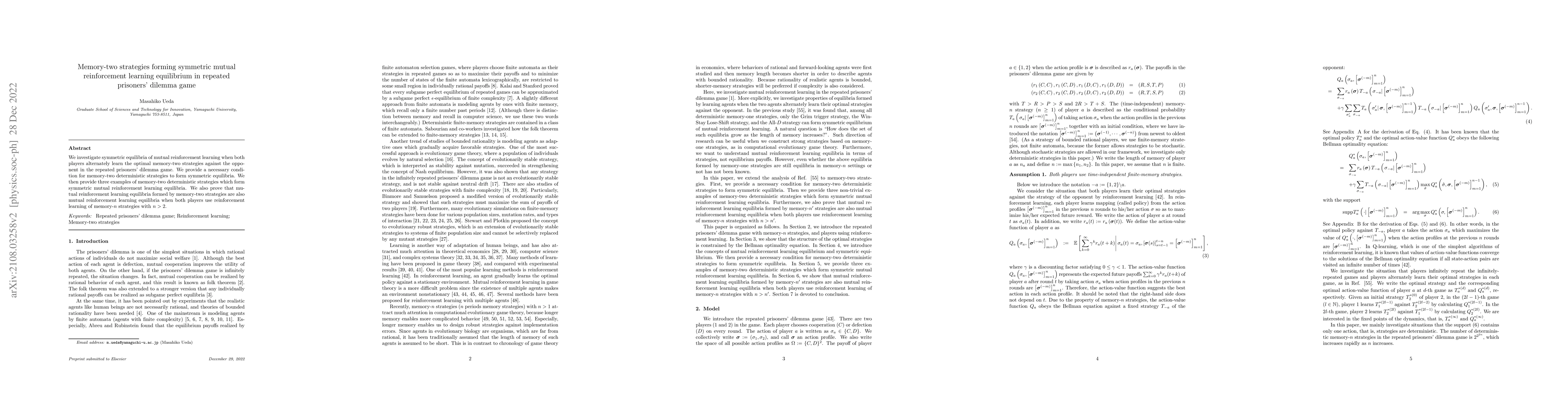 Thumbnail for Memory-two strategies forming symmetric mutual reinforcement learning
  equilibrium in repeated prisoners' dilemma game