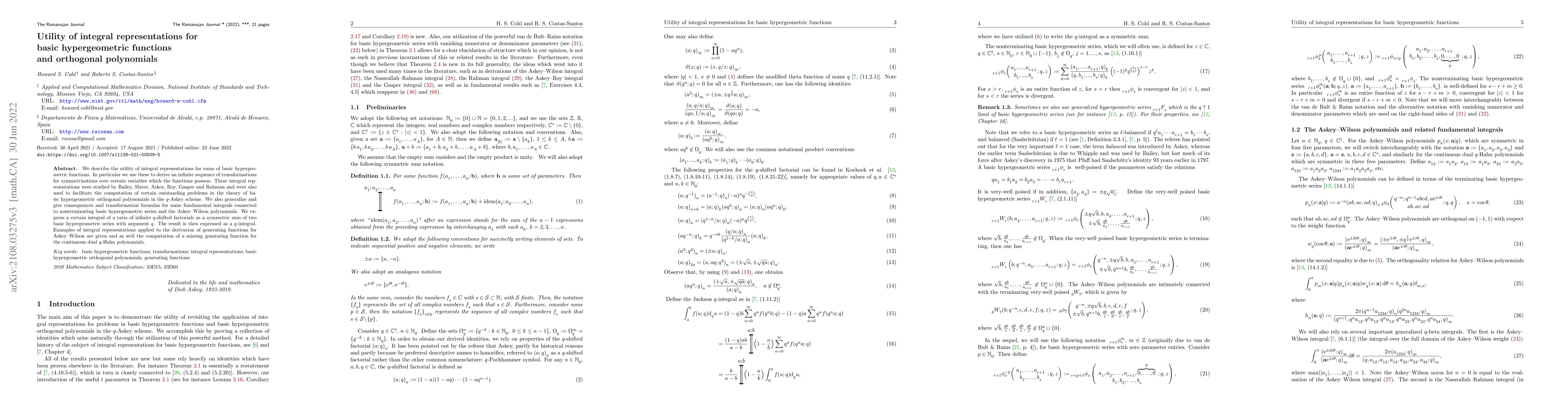 Thumbnail for Utility of integral representations for basic hypergeometric functions
  and orthogonal polynomials
