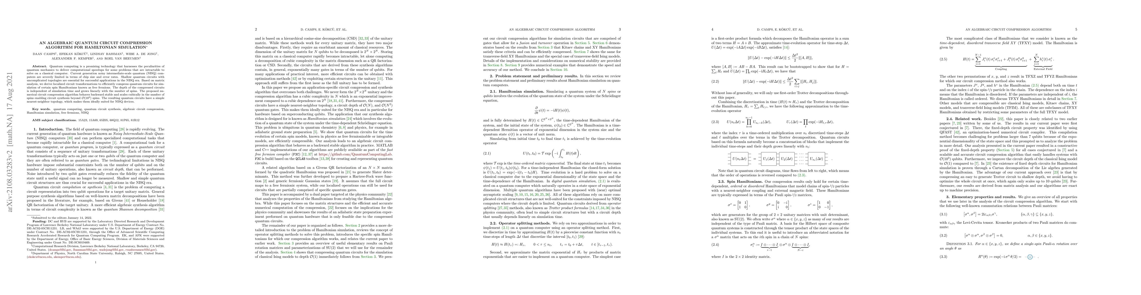 Thumbnail for An Algebraic Quantum Circuit Compression Algorithm for Hamiltonian
  Simulation
