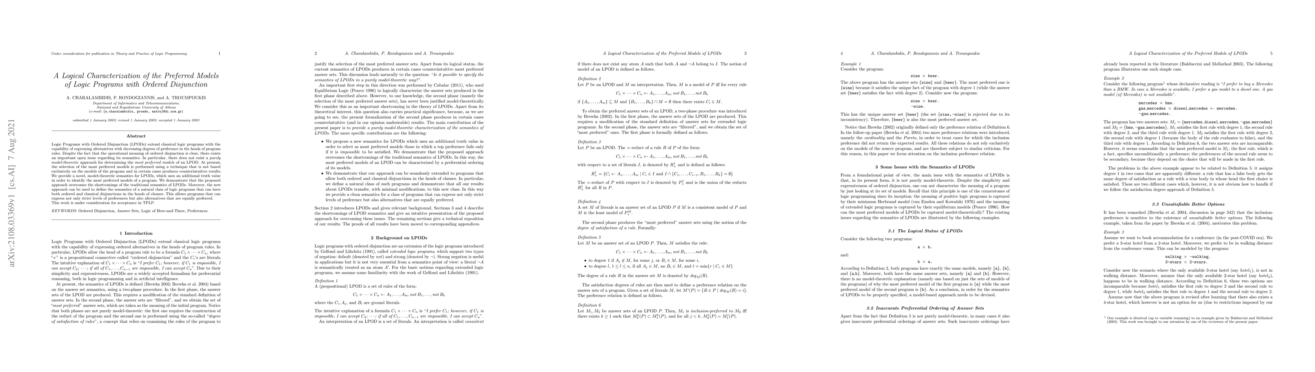 Thumbnail for A Logical Characterization of the Preferred Models of Logic Programs
  with Ordered Disjunction