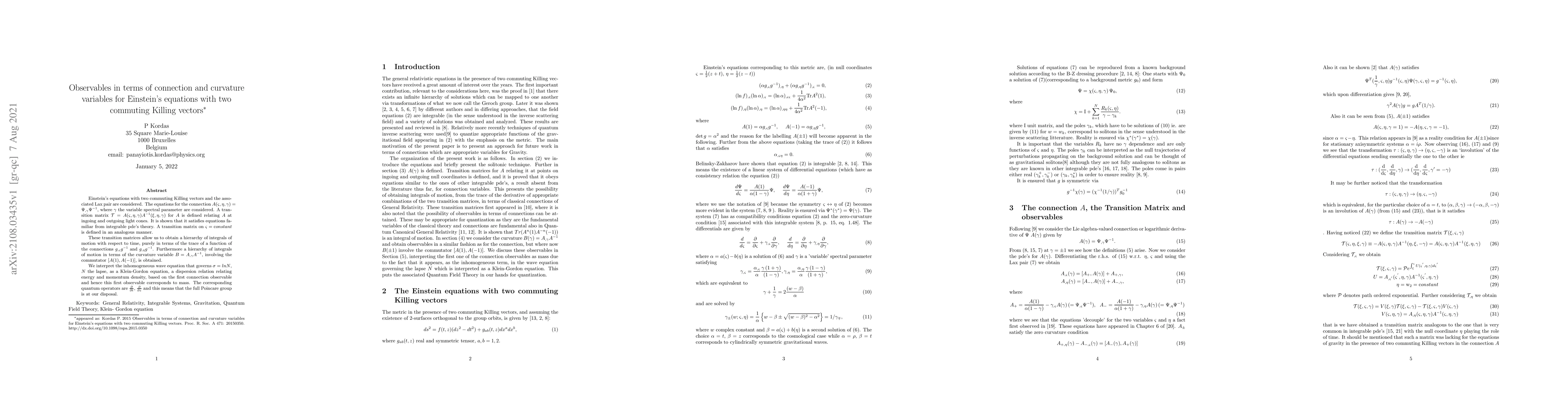 Thumbnail for Observables in terms of connection and curvature variables for
  Einstein's equations with two commuting Killing vectors