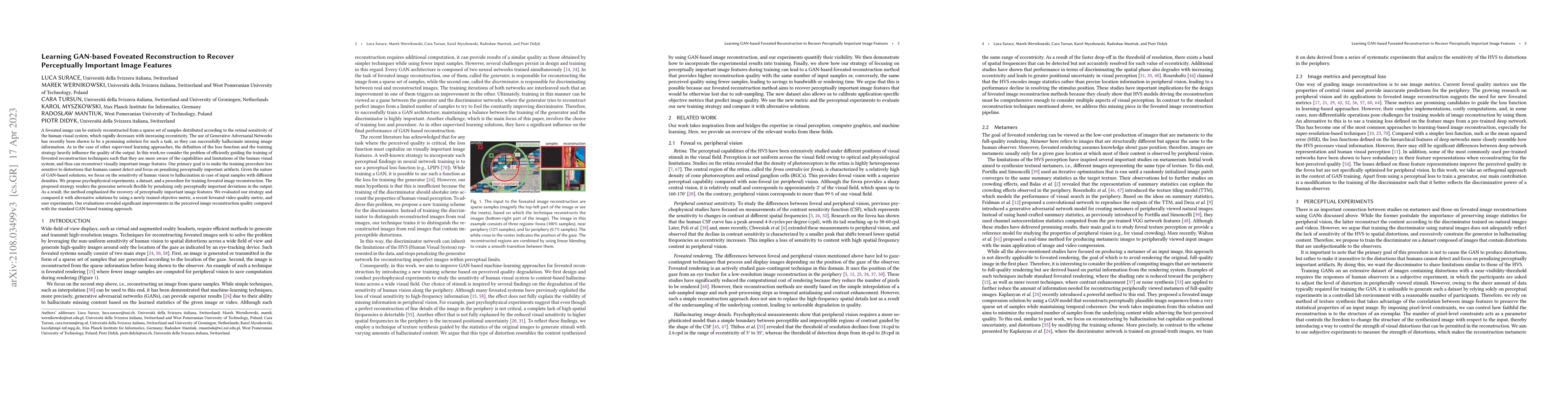 Thumbnail for Learning GAN-based Foveated Reconstruction to Recover Perceptually
  Important Image Features
