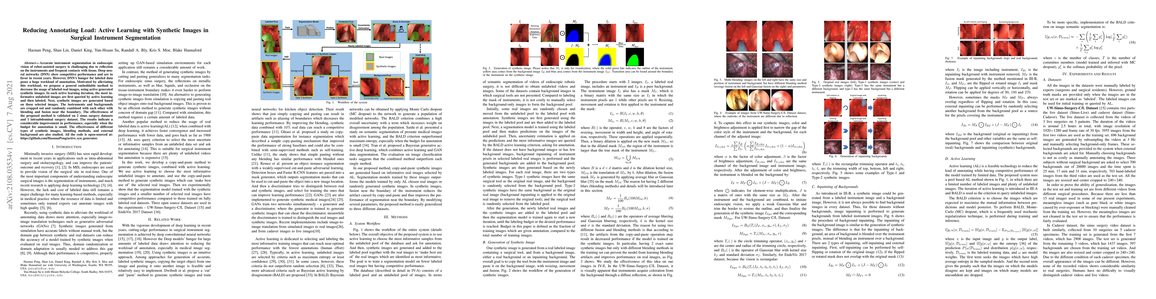 Thumbnail for Reducing Annotating Load: Active Learning with Synthetic Images in
  Surgical Instrument Segmentation