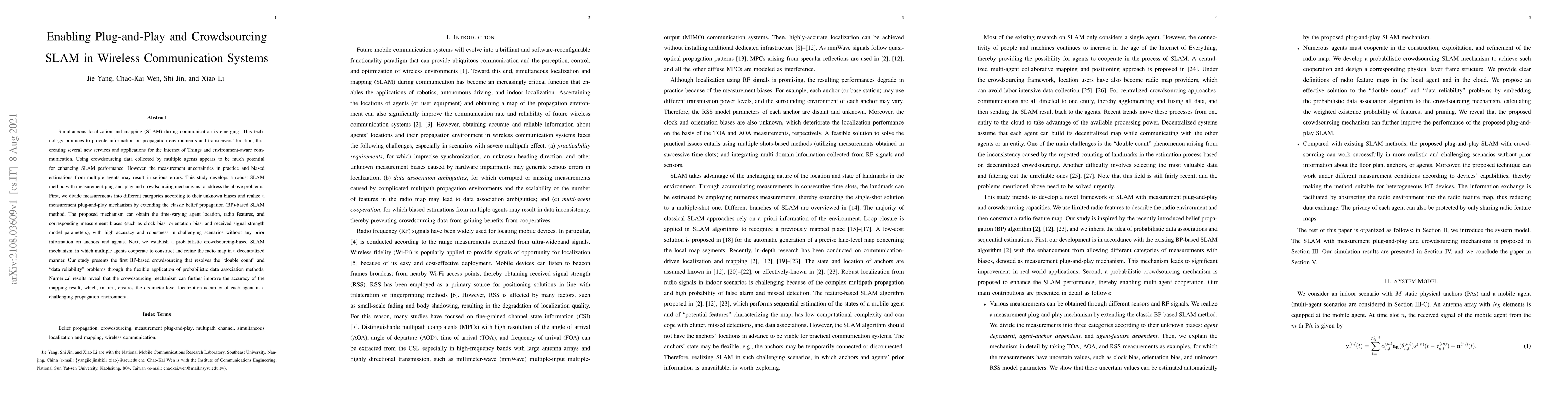 Thumbnail for Enabling Plug-and-Play and Crowdsourcing SLAM in Wireless Communication
  Systems