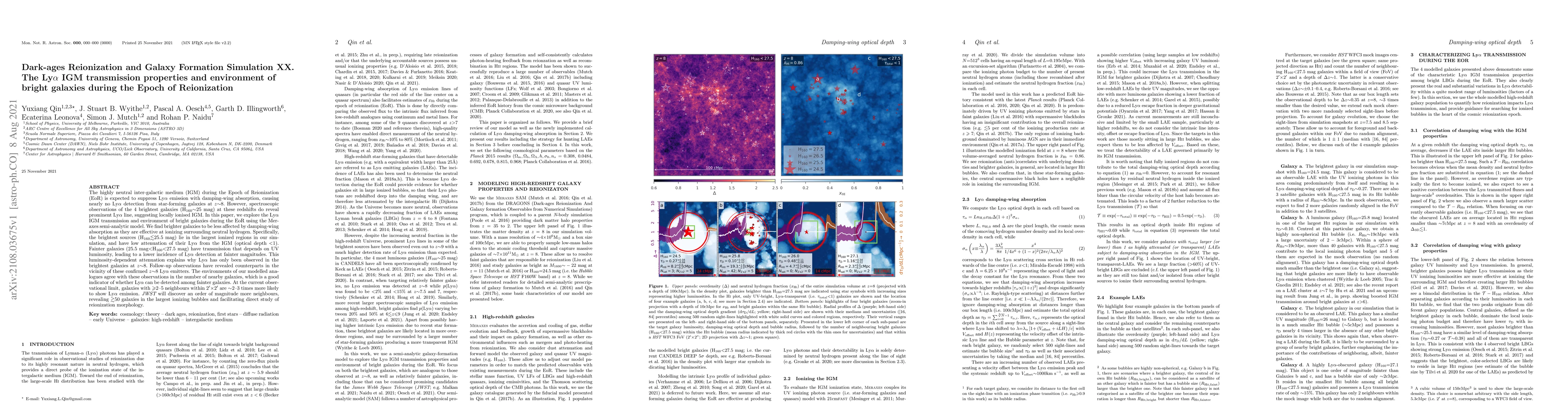 Thumbnail for Dark-ages Reionization and Galaxy Formation Simulation XX. The
  Ly$\alpha$ IGM transmission properties and environment of bright galaxies
  during the Epoch of Reionization