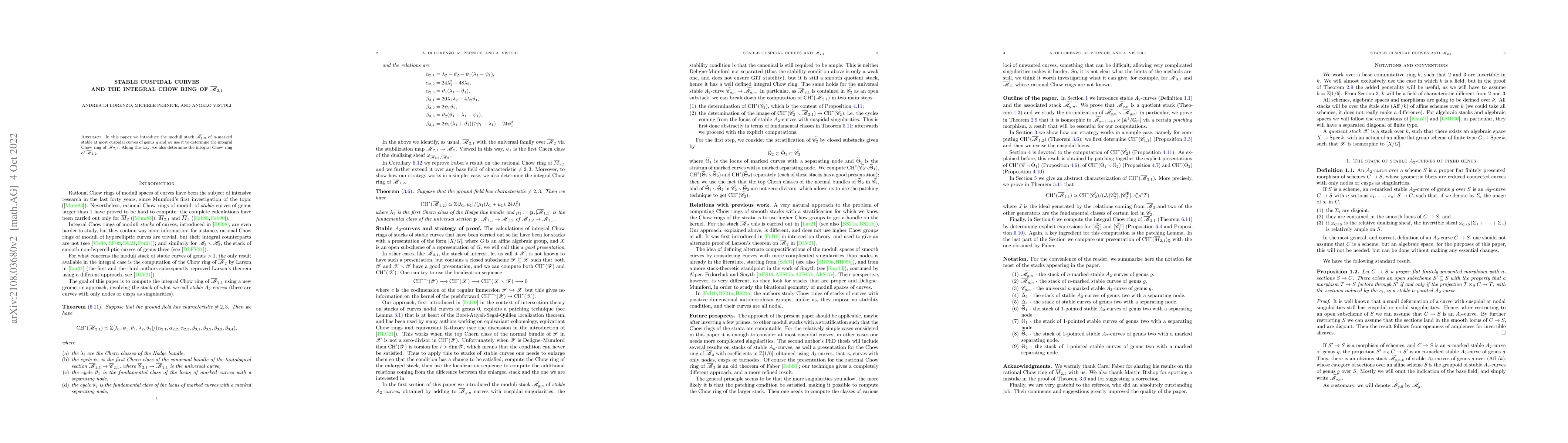 Thumbnail for Stable cuspidal curves and the integral Chow ring of
  $\overline{\mathscr{M}}_{2,1}$