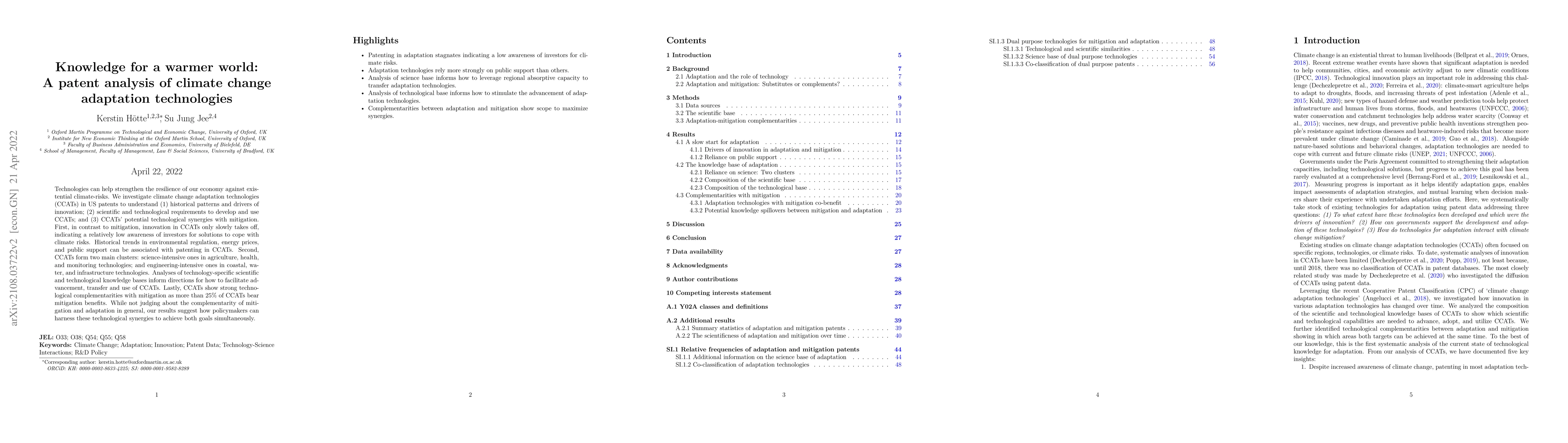 Thumbnail for Knowledge for a warmer world: a patent analysis of climate change
  adaptation technologies