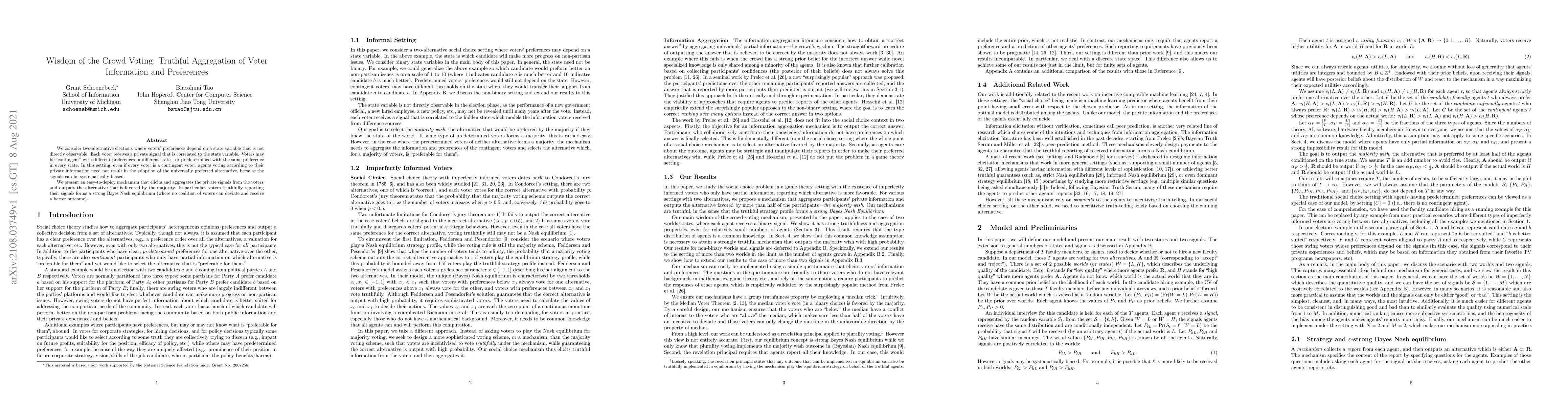 Thumbnail for Wisdom of the Crowd Voting: Truthful Aggregation of Voter Information
  and Preferences
