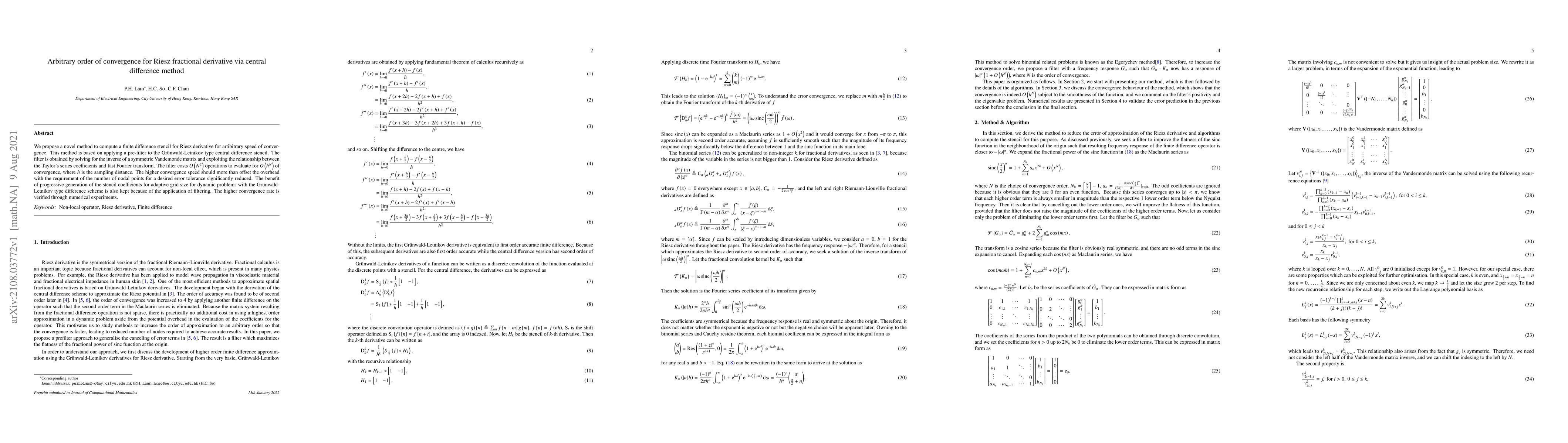 Thumbnail for Arbitrary order of convergence for Riesz fractional derivative via
  central difference method