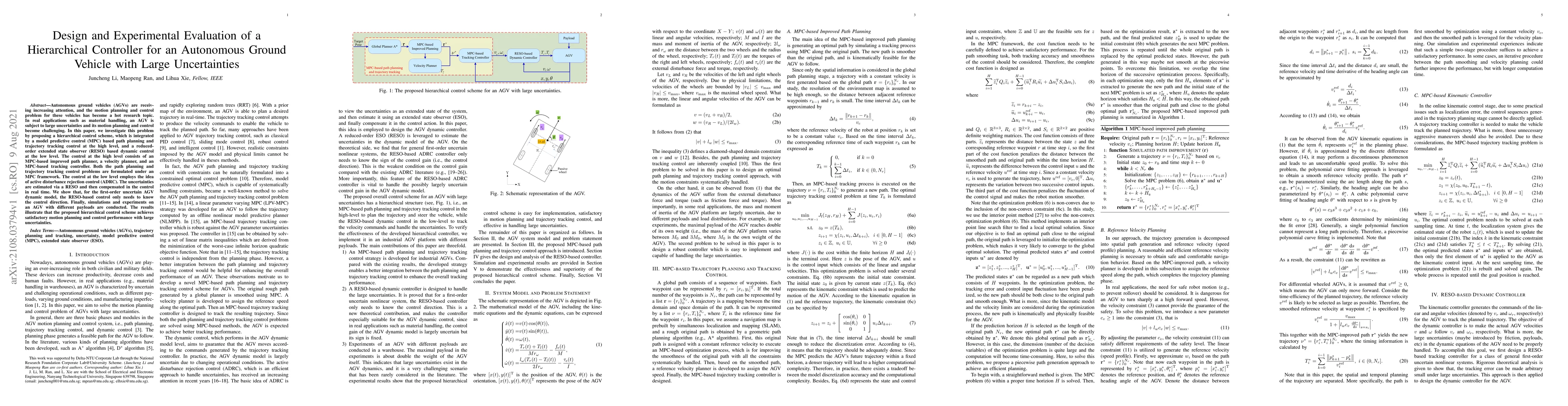Thumbnail for Design and Experimental Evaluation of a Hierarchical Controller for an
  Autonomous Ground Vehicle with Large Uncertainties