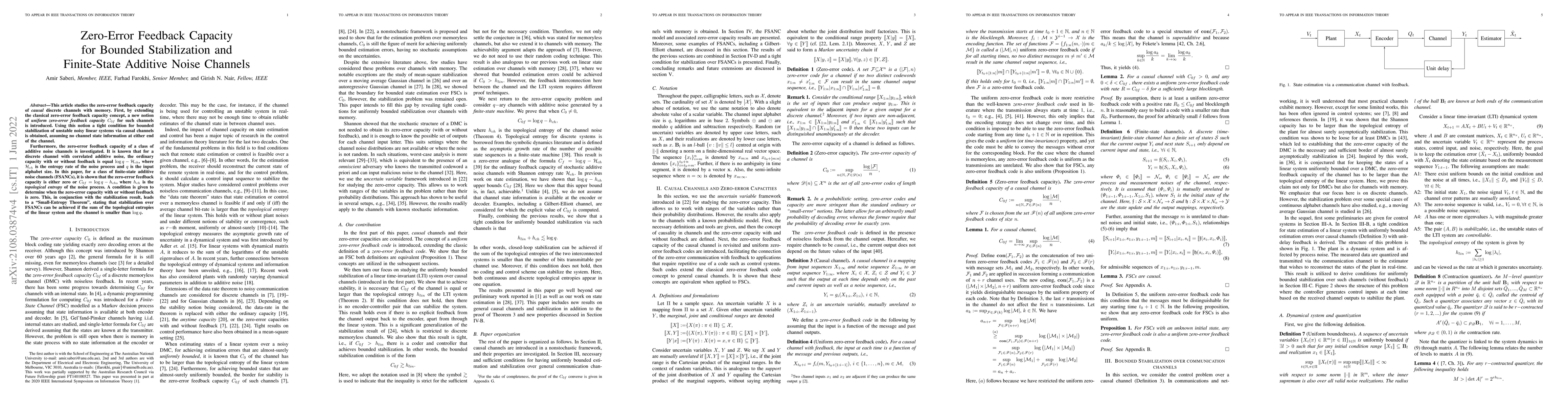 Thumbnail for Zero-Error Feedback Capacity for Bounded Stabilization and Finite-State
  Additive Noise Channels