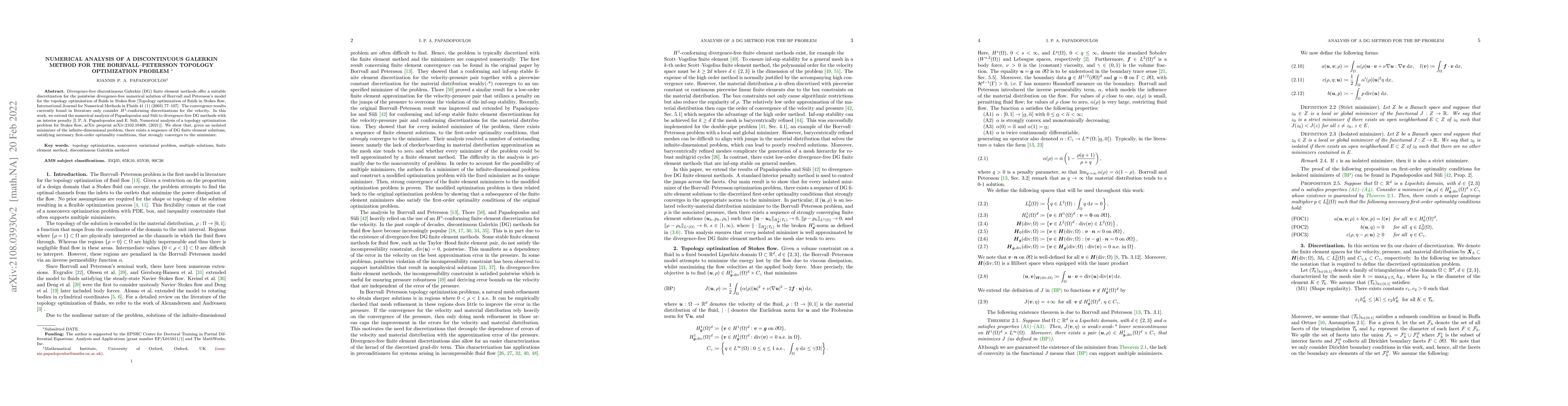 Thumbnail for Numerical analysis of a discontinuous Galerkin method for the
  Borrvall-Petersson topology optimization problem