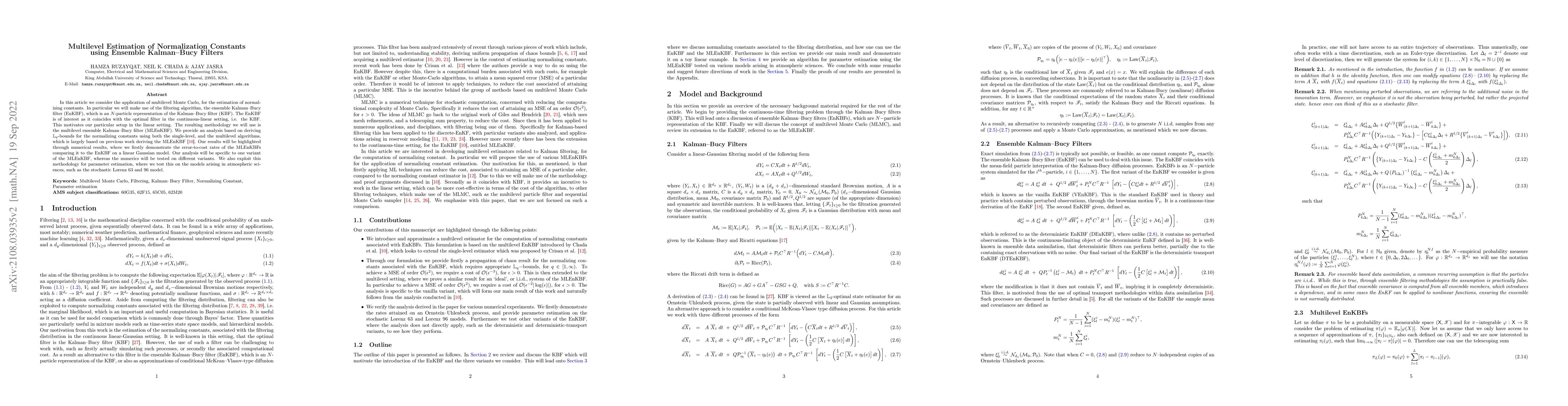 Thumbnail for Multilevel Estimation of Normalization Constants Using the Ensemble
  Kalman-Bucy Filter