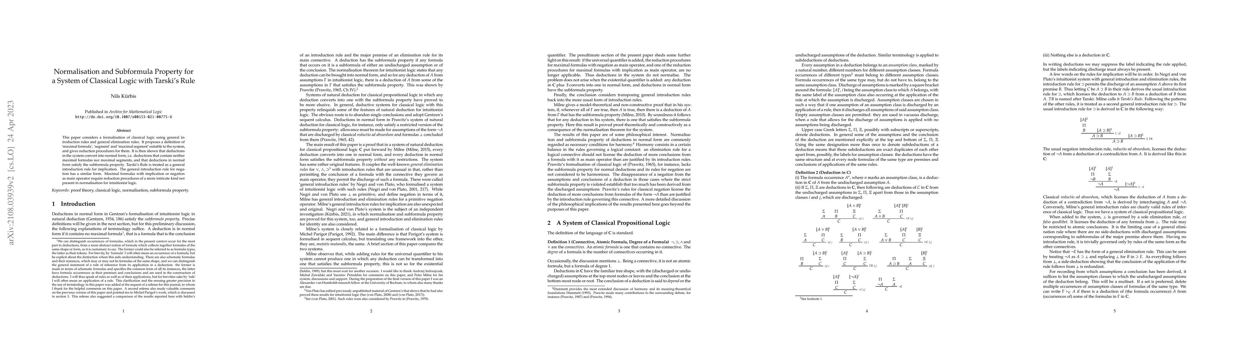 Thumbnail for Normalisation and Subformula Property for a System of Classical Logic
  with Tarski's Rule, and a Correction