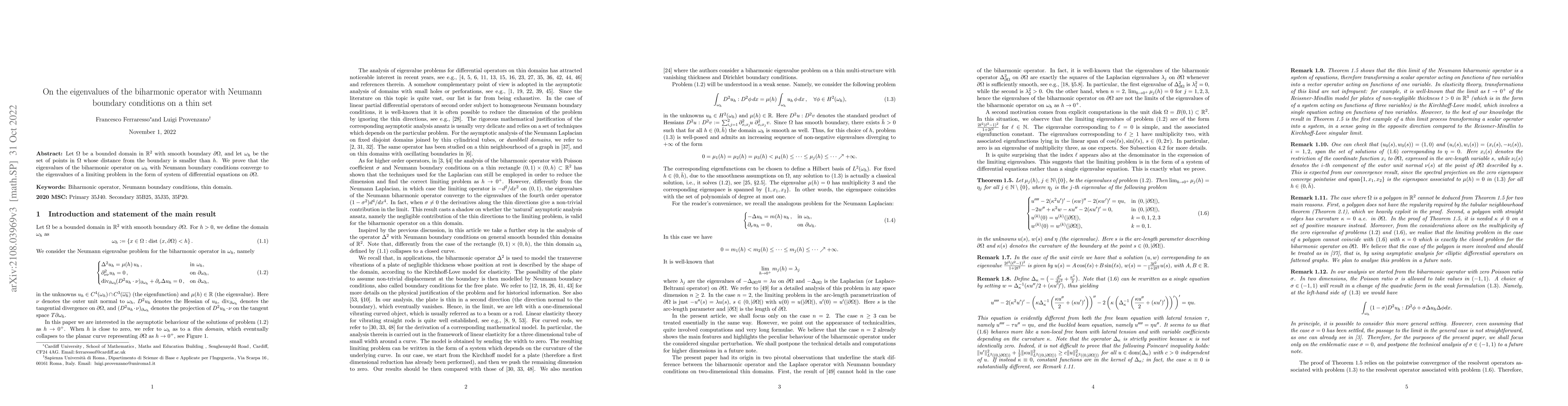 Thumbnail for On the eigenvalues of the biharmonic operator with Neumann boundary
  conditions on a thin set