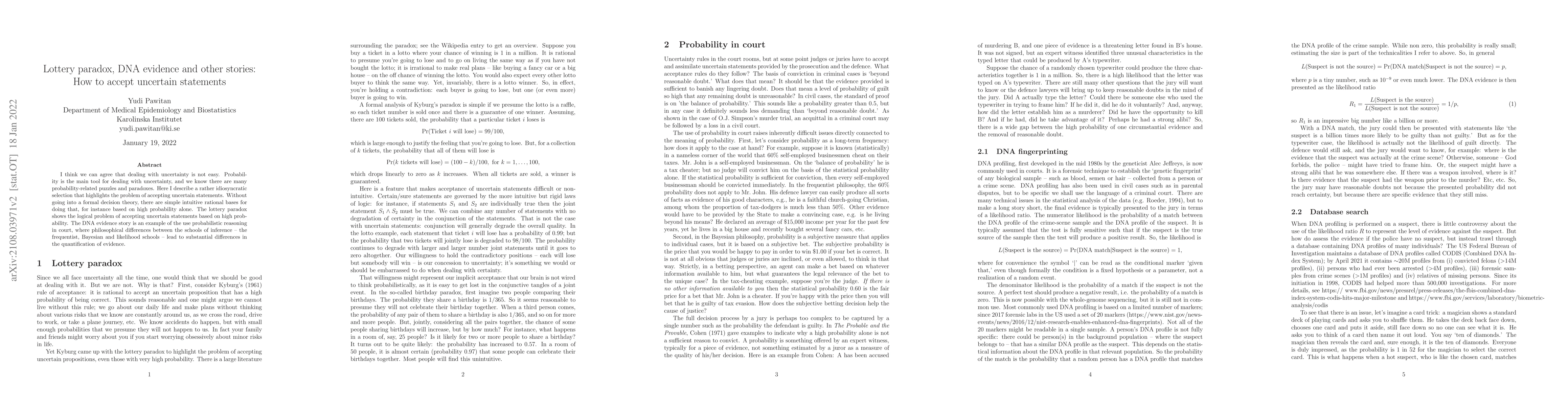 Thumbnail for Lottery paradox, DNA evidence and other stories: How to accept uncertain
  statements