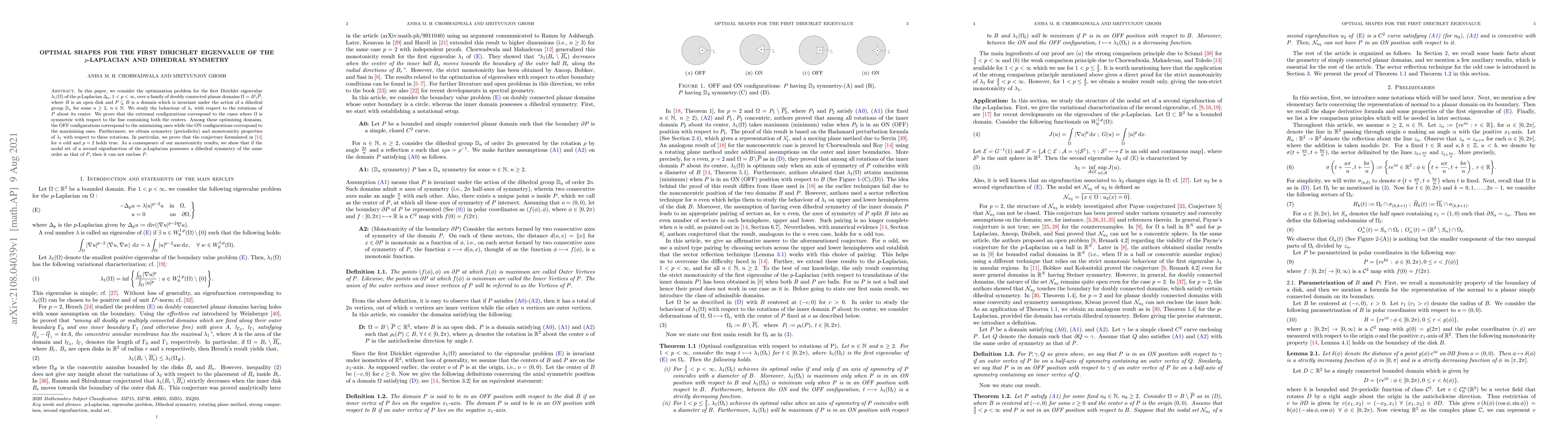 Thumbnail for Optimal Shapes for the First Dirichlet Eigenvalue of the $p$-Laplacian
  and Dihedral symmetry