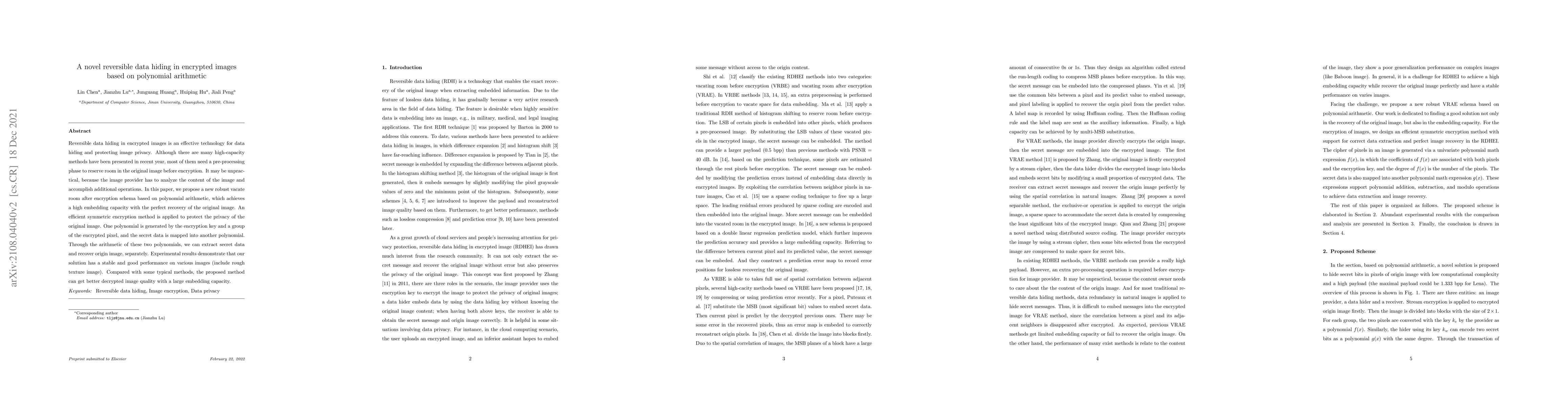 Thumbnail for A novel reversible data hiding in encrypted images based on polynomial
  arithmetic
