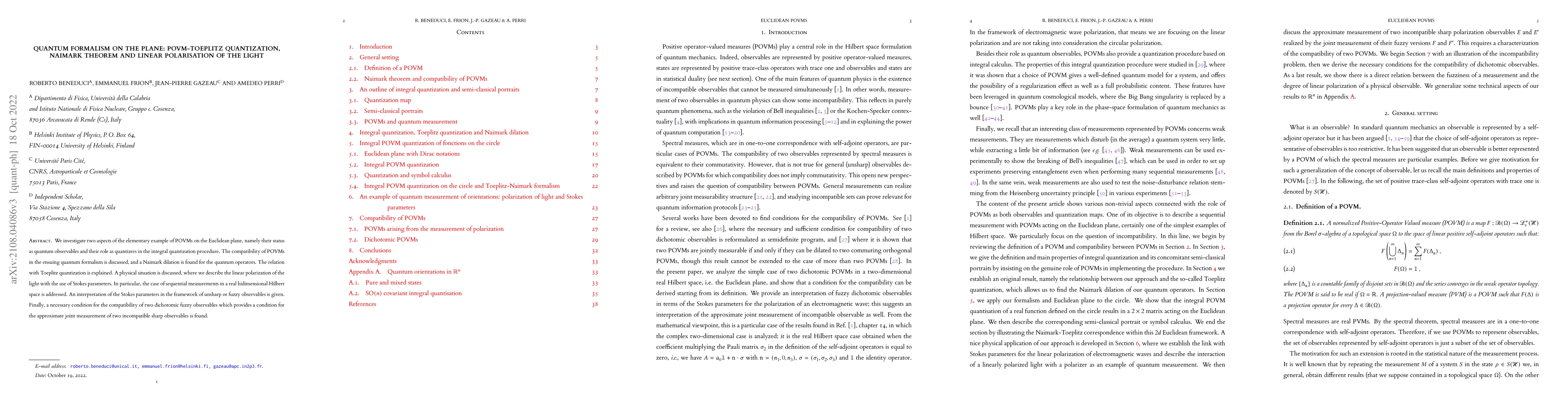 Thumbnail for Quantum formalism on the plane: POVM-Toeplitz quantization, Naimark
  theorem and linear polarisation of the light
