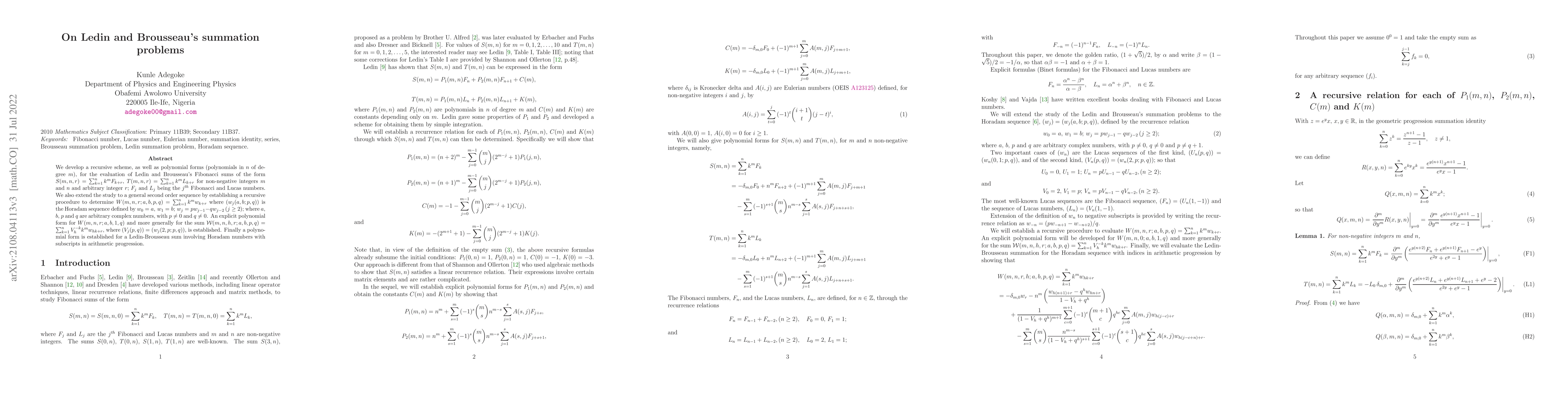 Thumbnail for On Ledin and Brousseau's summation problems